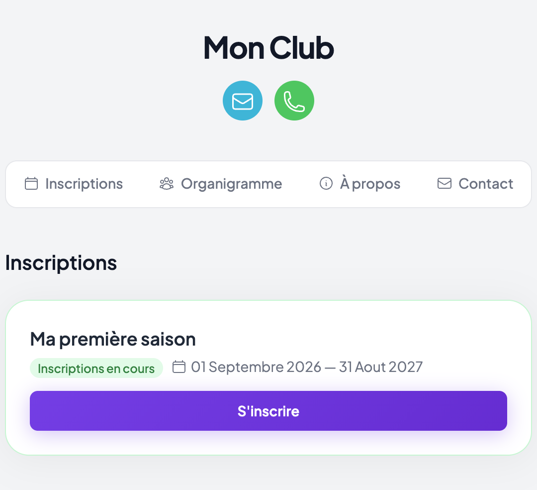 Page « Inscriptions » du site public d'un club : la campagne « Ma première saison » avec le badge « Inscriptions en cours », ses dates et un bouton violet « S'inscrire »