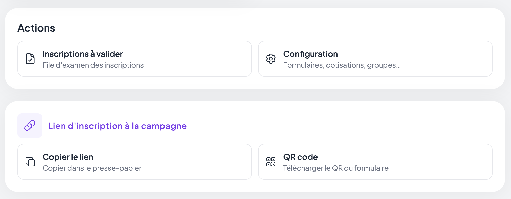 Bloc « Lien d'inscription à la campagne » sur la vue d'ensemble, avec les boutons « Copier le lien » et « QR code », au-dessous du bloc Actions