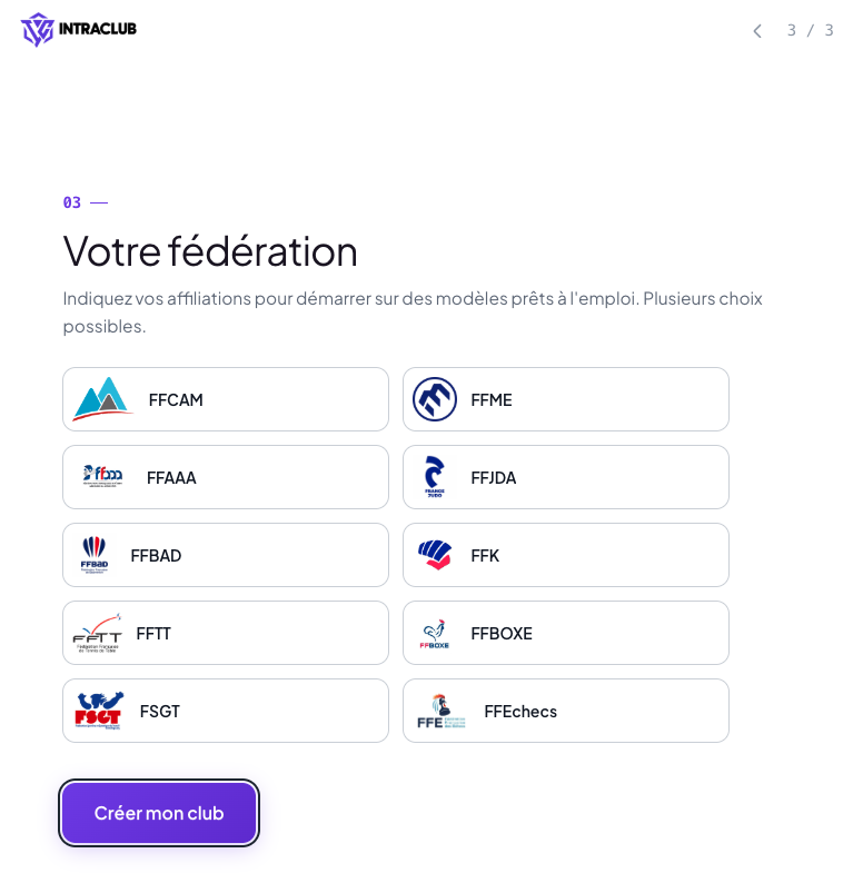 Dernière étape de la création du club : le choix des fédérations, avec le bouton « Créer mon club »