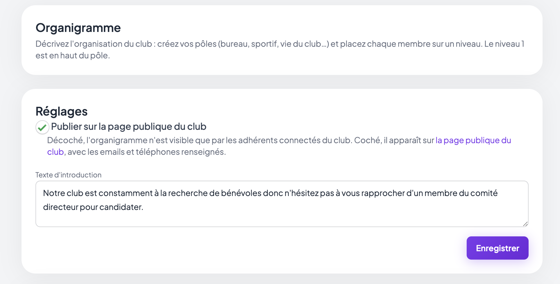 Encadré Réglages avec la case « Publier sur la page publique du club » cochée et un texte d'introduction saisi