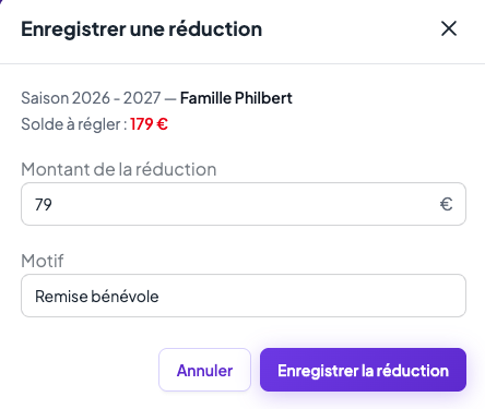 Volet « Enregistrer une réduction » : rappel du solde à régler, champ « Montant de la réduction » à 79 € et champ « Motif » rempli avec « Remise bénévole »