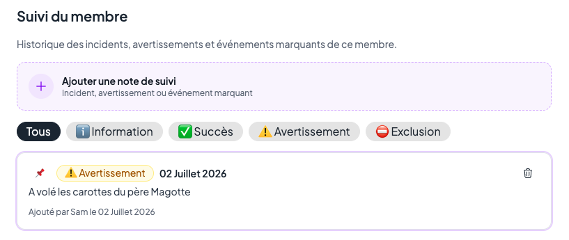 Section « Suivi du membre » sur la fiche d'un adhérent, avec le bouton d'ajout, les filtres par type et une note d'avertissement